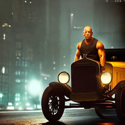 Image similar to very closeup photo of vin diesel as tommy angelo standing near ford model t, chicago 1 9 3 0, night, volumetric lighting, ultra realistic, highly detailed, cinematic, art by jan urschel and neil blevins