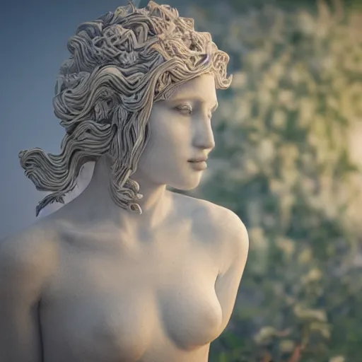 Image similar to an idealistic marble statue with flowery hair in a fractal garden, unreal engine, 8k render, beautiful, full frame,