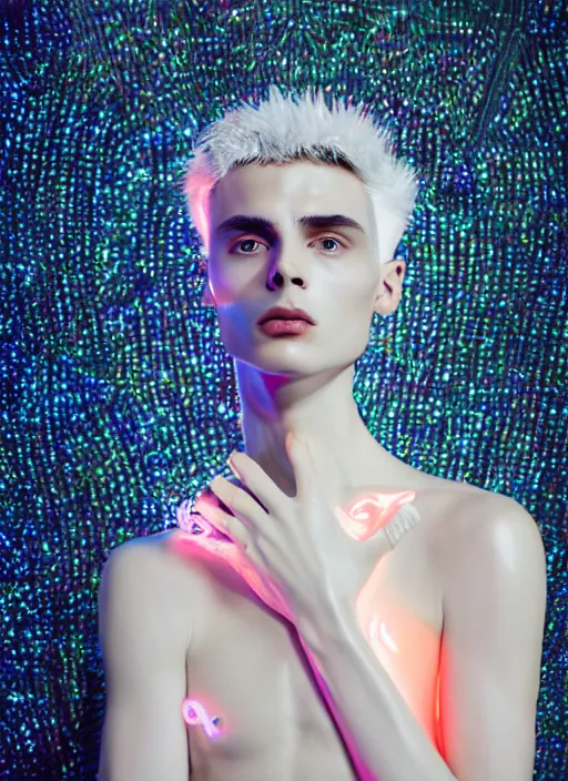 Image similar to photo of baroque and bladerunner delicate neon diamond sculpture of ceramic albino king adrien sahores seductive delicious lip licking, creamy orange iridescent humanoid deity wearing white fluffy hoody holding diamond skull in a black metallic dungeon, reclining, glowing rainbow face, crown of white diamonds, cinematic lighting, photorealistic, octane render 8 k depth of field 3 d