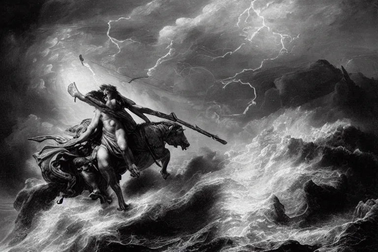 Prompt: highly detailed and cinematic romantic, edge of the universe, the great roman demigod with a gladius, symmetrical face, magical, roman myth, masterpiece, crashing waves, lightning, highly detailed painting by gustave dore