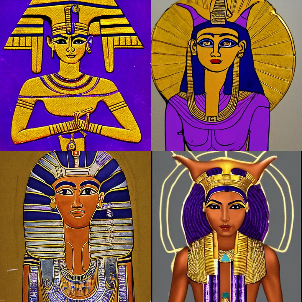 Prompt: photo of an ancient Egyptian queen, in a purple harem outfit, with hypnotical spiral eyes, wearing gold jewelry.