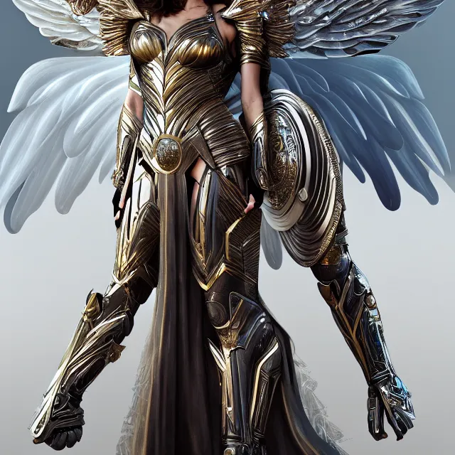 Image similar to beautiful angel warrior queen gal gadot in futuristic seraphim angelic intricate body sculpted cosmic armor and flowey ornate robes, highly detailed, 8 k, hdr, award - winning, trending on artstation, ann stokes