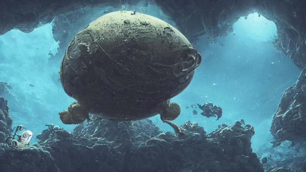 Image similar to An astronaut is under the sea, he has a big egg, he is swimming away from the giant Morgawr that is behind hunting him, the Morgawr is evil, this is an extravagant planet with wacky wildlife and some mythical animals, the background is full of ancient ruins, the ambient is dark with a terrifying atmosphere, by Jordan Grimmer digital art, trending on Artstation,