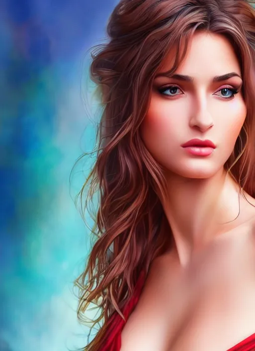 Prompt: a gorgeous greek female photo, professionally retouched, cool colors, soft lighting, realistic, smooth face, full body shot, torso, dress, perfect eyes, sharp focus on eyes, 8 k, high definition, insanely detailed, intricate, elegant, art by artgerm and j scott campbell