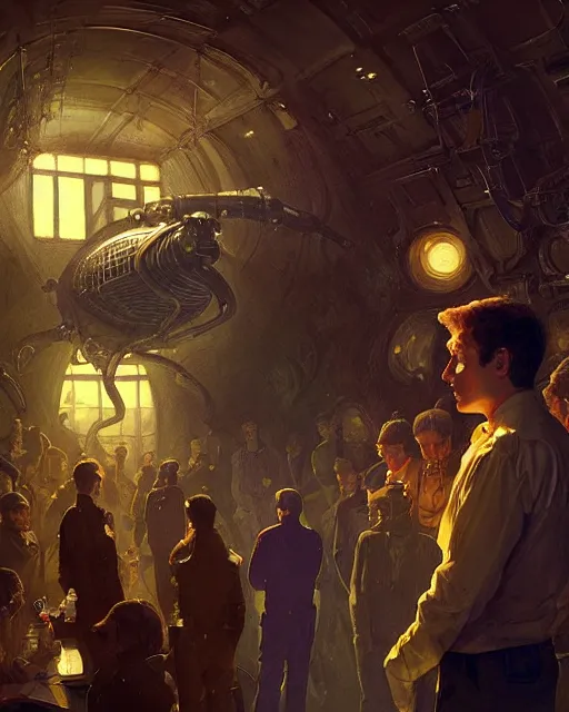 Prompt: medium - shot, vislor turlough played by mark strickson at age 1 8, at the alien space pub, crowded, with lights, interior, from doctor who series, artstation, highly detailed digital painting, smooth, global illumination, sci fi art by greg rutkowsky, karl spitzweg, leyendecker