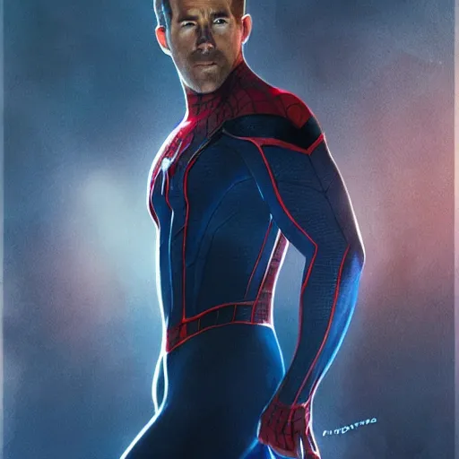 Image similar to ryan reynolds as spider - man, wearing a black and blue suit, cinematic, volumetric lighting, f 8 aperture, cinematic eastman 5 3 8 4 film, photorealistic by greg rutkowski, by stanley artgerm, by alphonse mucha