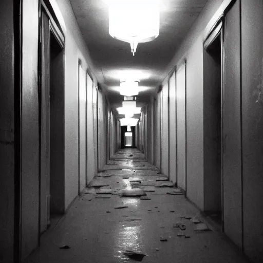 Prompt: abandoned indoors hallway, grainy vhs footage, liminal space, eerie