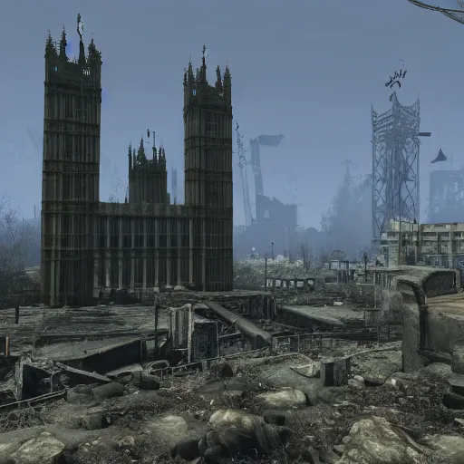 Image similar to The ruins of Big Ben, screenshot from Fallout 4