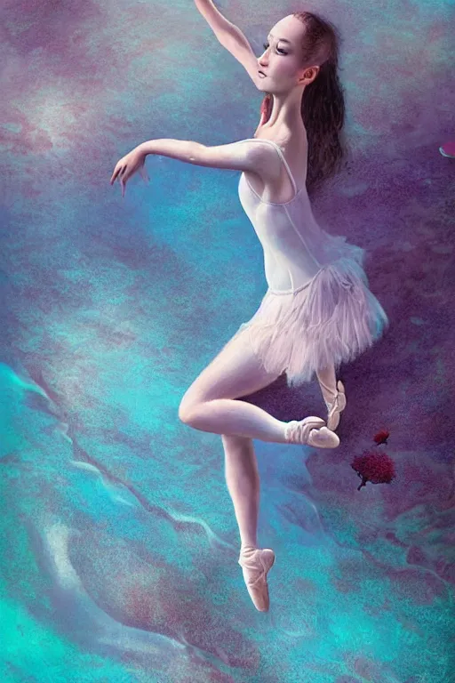 Image similar to ballerina alone at the bottom of the great barrier reef by jaques cousteau, digital art, smooth, focus, highly detailed, hyper realistic, intricate, art by wlop