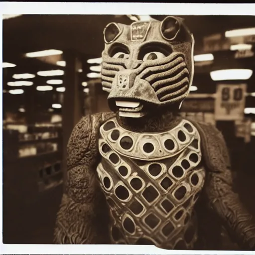 Image similar to low angle vintage photograph of a futuristic mayan jaguar warrior inside a grocery store, shallow depth of field, awkward, out of place, polaroid 6 0 0 color