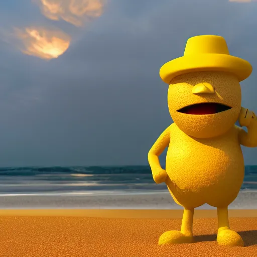 Prompt: 3 d render, of anthropomorphic lemon character, he is wearing a hat, building a sandcastle on the beach at sunset, beach, huge waves, sun, clouds, rim light, cinematic photography, professional, sand, sandcastle, volumetric lightening