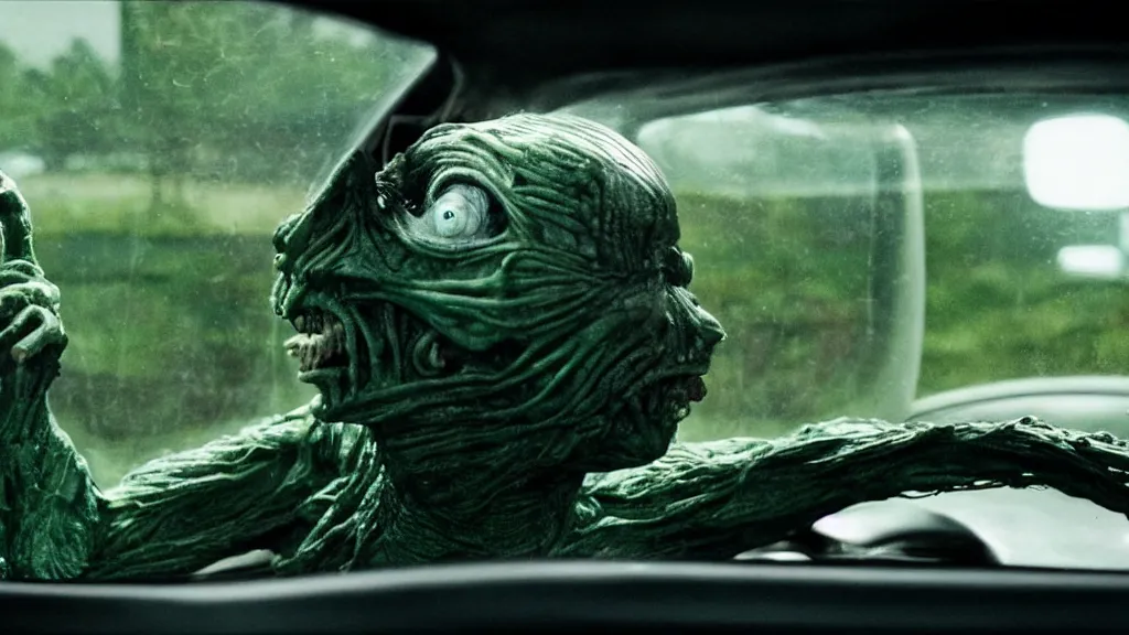 Image similar to the creature sits in a car, made of wax and metal, they look me in the eye, film still from the movie directed by Denis Villeneuve and David Cronenberg with art direction by Salvador Dalí, wide lens
