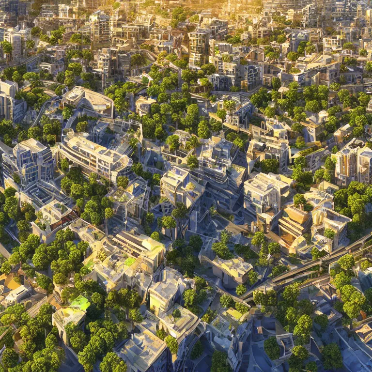 Prompt: a beautiful eco-city center full of skybridges and terraces, sunbeams, golden hour, detailed, realism, 8k high resolution