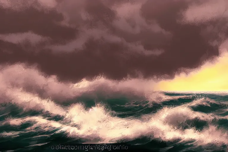 Prompt: stormy ocean with roiling waves and a cloudy sky, digital art, trending on artstation