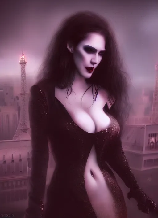 Image similar to realistic matte painting, full length portrait, the duchess of blood owns the las vegas night, vampire, highly detailed, CGsociety, subtle, concept art, HDR, hyper realistic, volumetric lighting, subsurface scattering, unreal