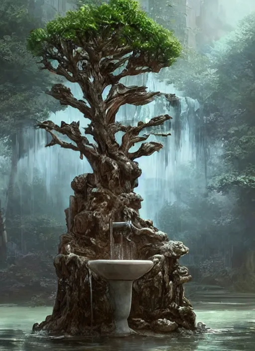 Image similar to a water fountain made out of a tree, concept art by Doug Chiang cinematic, realistic painting, high definition, digital art, symmetrical, very detailed, extremely high detail, photo realistic, concept art, unreal engine 5,