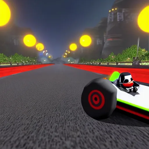 Image similar to still image of darth vader driving in mario kart tour deluxe race, unreal engine