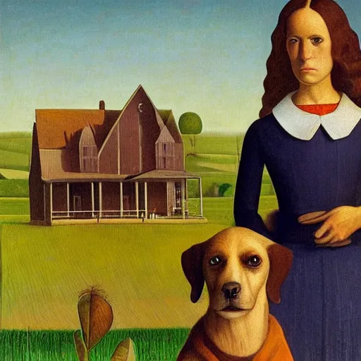 Prompt: two dogs portrait in front of a farmland, grant wood, american gothic from grant wood style