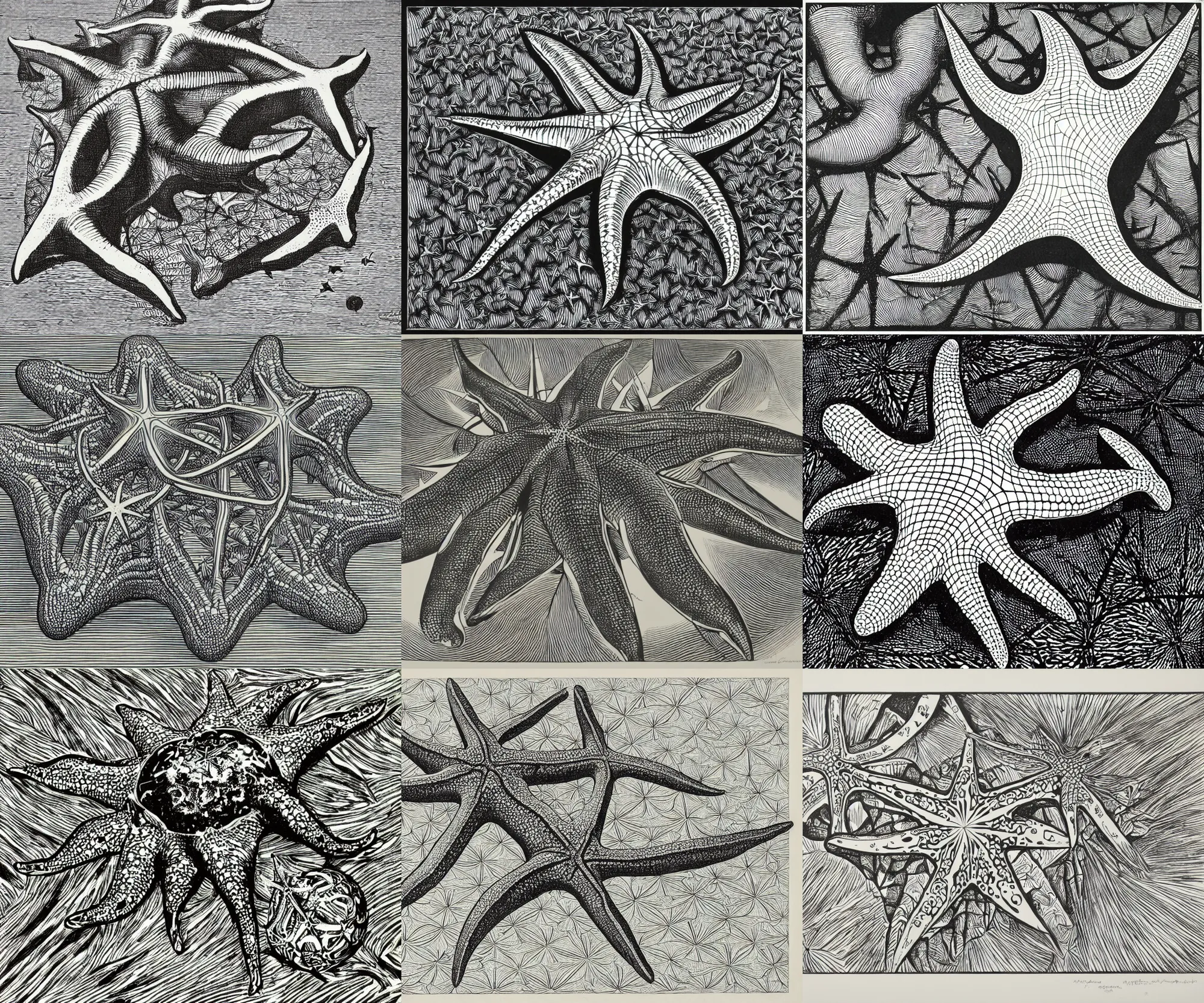 Prompt: a starfish, drawn by m. c. escher and damien hirst and james tissot. woodblock, monochrome, 3 d, geometric, lithograph, hd
