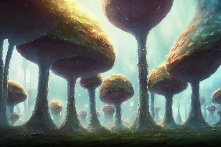 Image similar to a little city in a giant mushroom forest in the style of Anato Finnstark concept art, 4K, UHD, High quality, Trending on Artstation HQ