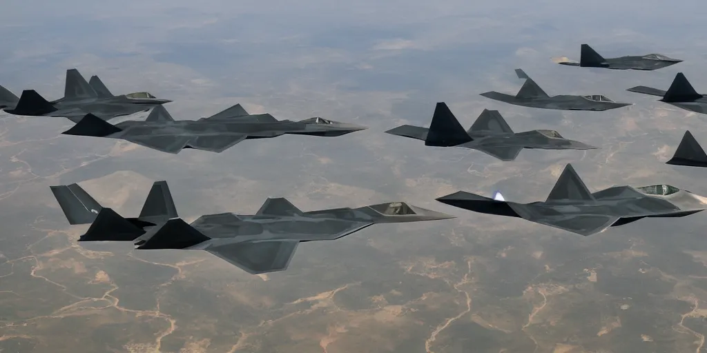 Prompt: an infinite convoy line of F-22's in the sky , extreme wide shot, infinite regression