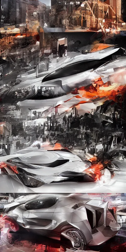 Image similar to sci-fi car zaha hadid wall structure logotype and car on the coronation of napoleon and digital billboard in the middle artwork in style of Ruan Jia Sheng Lam