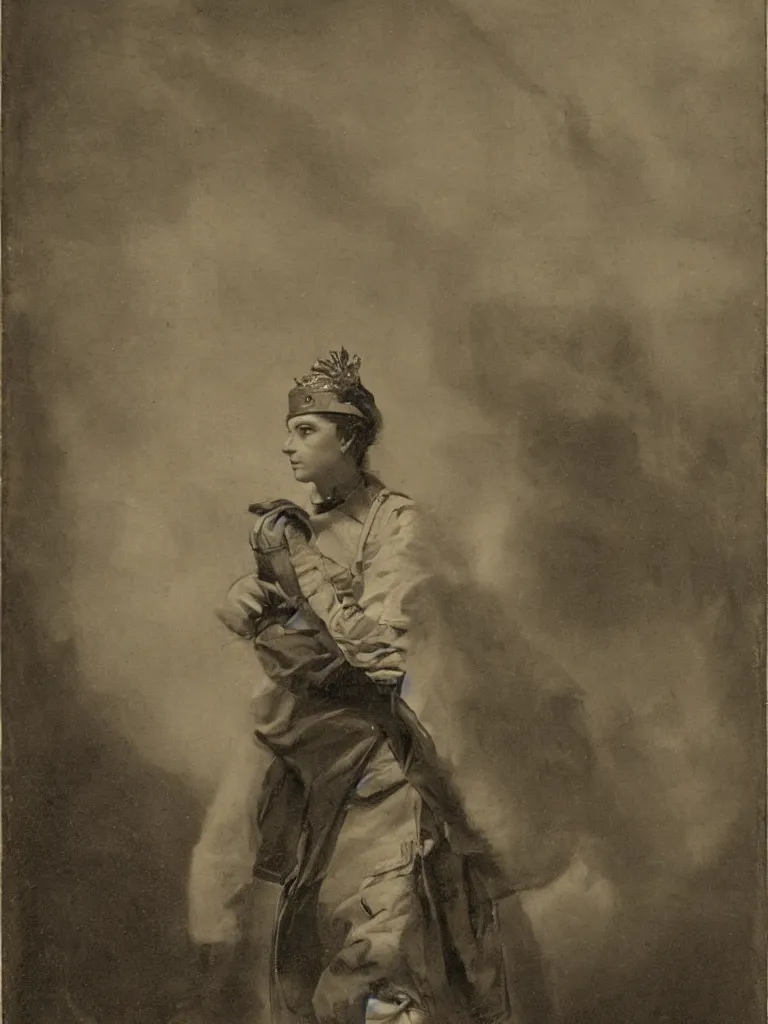 Image similar to portrait of a lonely female soldier floating in the air, wearing a crown, by george henry harlow