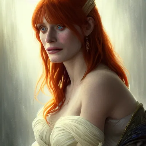 Image similar to portrait of Bryce Dallas Howard , extra onions and ketchup, luscious patty with sesame seeds, feminine ethereal, handsome, D&D, fantasy, intricate, elegant, highly detailed, digital painting, artstation, concept art, matte, sharp focus, illustration, art by Artgerm and Greg Rutkowski and Alphonse Mucha