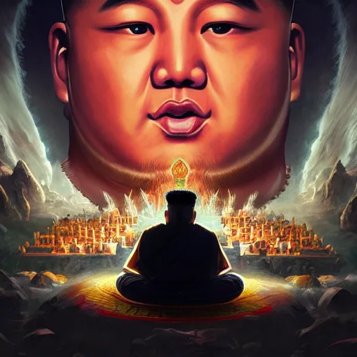 Image similar to portrait of kim - jong un as buddha, league of legends amazing splashscreen artwork, gears of war, splash art, natural light, elegant, photorealistic facial features, intricate, fantasy, detailed face, atmospheric lighting, anamorphic lens flare, cinematic lighting, league of legends splash art, hd wallpaper, ultra high details by greg rutkowski