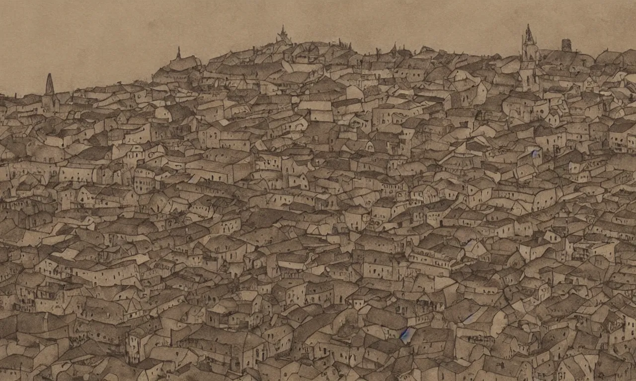 Image similar to detailed sepia painting of the old city of Farum Azula