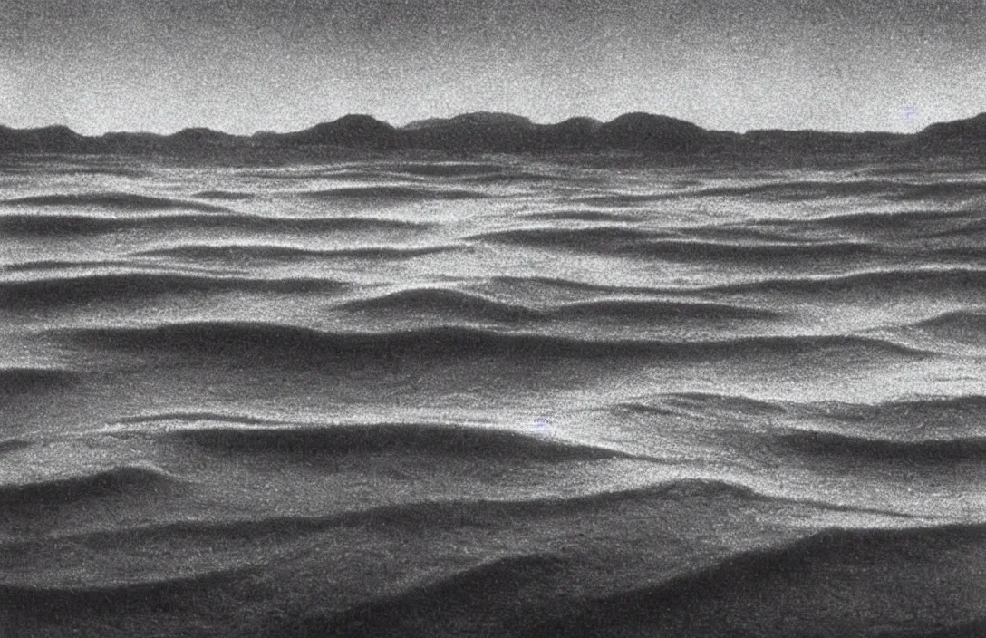 Image similar to minuscule curls of white foam reflection of the hills actually impossible dramatic biblical depictions the margins of a gothic illuminated manuscript intact flawless ambrotype from 4 k criterion collection remastered cinematography gory horror film, ominous lighting, evil theme wow photo realistic postprocessing along the seashore futuristic photograph by robert adams