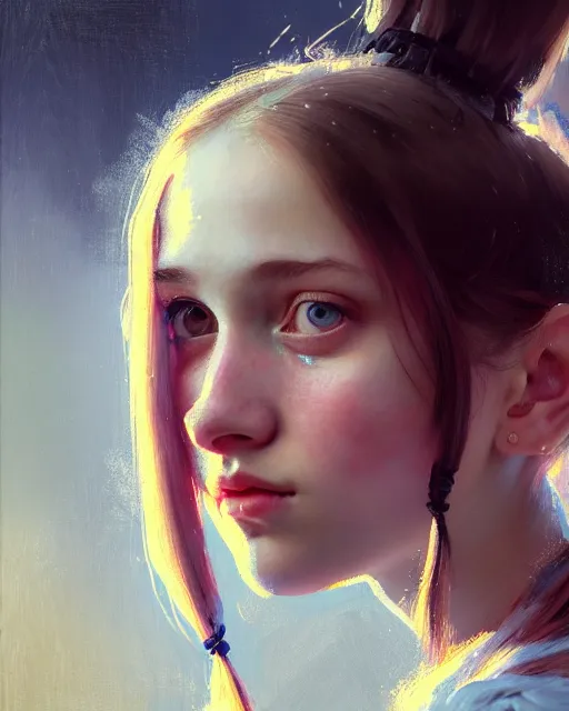 Prompt: young woman with pigtails, beautiful girl, close up portrait, bright, highkey, realistic, serov, surikov, vasnetsov, repin, kramskoi, paint texture, uplight, insanely detailed, charlie bowater, tom bagshaw, octane rendered, unreal engine, illustration, trending on artstation, masterpiece