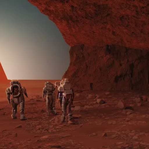 Prompt: mars occupied by humans. humans just arrived on they ship. first ship just arrived. aliens hide in the cave and watch the human. aliens are angry. 3 d, ultrarealistic, 8 k, cg, ue 5