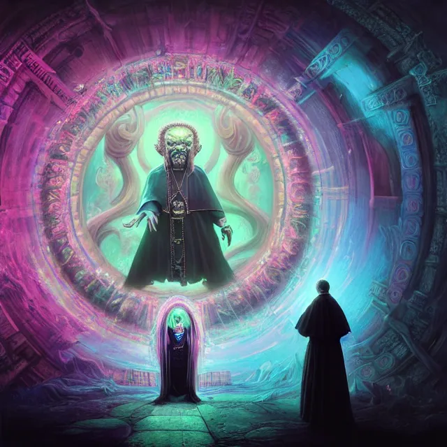 Prompt: uhd hyperrealistic photorealisitc hyperdetailed detailed group circle of pope priest necromancer invoking a in front of a cthulhu, neon colors, fractal crystal, fantasy beauty portrait by tom bagshaw, tooth wu, wlop, james jean, victo ngai, beautifully lit, highly detailed, artstation, fantasy art by craig mullins, thomas kinkade