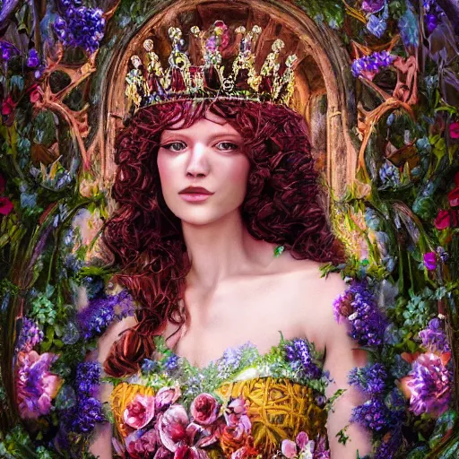 Prompt: Queen of the Fae wearing a crown of flowers and brocaded sleeveless gown, character portrait, inside, archways, intricate brickwork, highly detailed, colorful, hyper realism, 4k