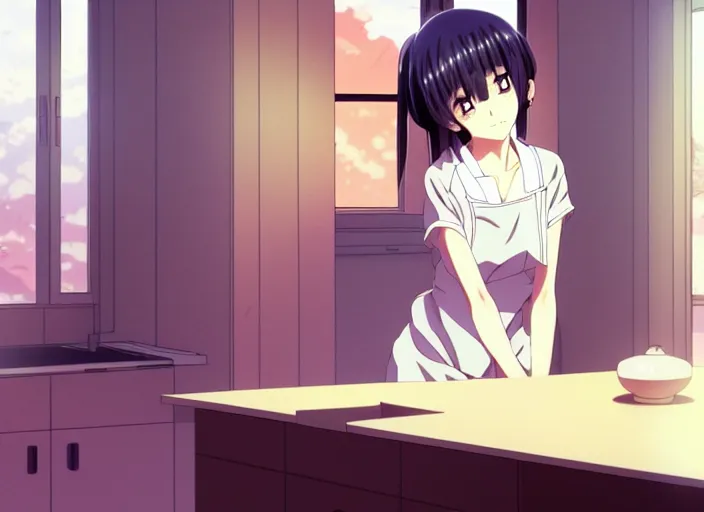 Image similar to anime film visual, full body illustration from across the room a young woman looking in a kitchen cabinet from a distance, cute face by ilya kuvshinov, yoshinari yoh, makoto shinkai, katsura masakazu, dynamic perspective pose, detailed facial features, kyoani, rounded eyes, crisp and sharp, cel shad, anime poster, ambient light,