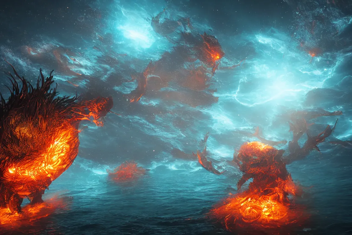 Image similar to colossal shaman gods destroying very living thing in the ocean, cast across the night sky, 8 k, ultra realistic, lens flare, atmosphere, glow, detailed, intricate, full of colour, cinematic lighting, trending on artstation, 4 k, hyperrealistic, focused, extreme details, unreal engine 5, cinematic, masterpiece
