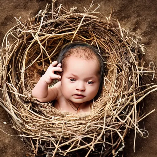 Prompt: a baby human hatching out of an egg in a nest, photography, award winning, 8 k, national geographic channel, discovety channel