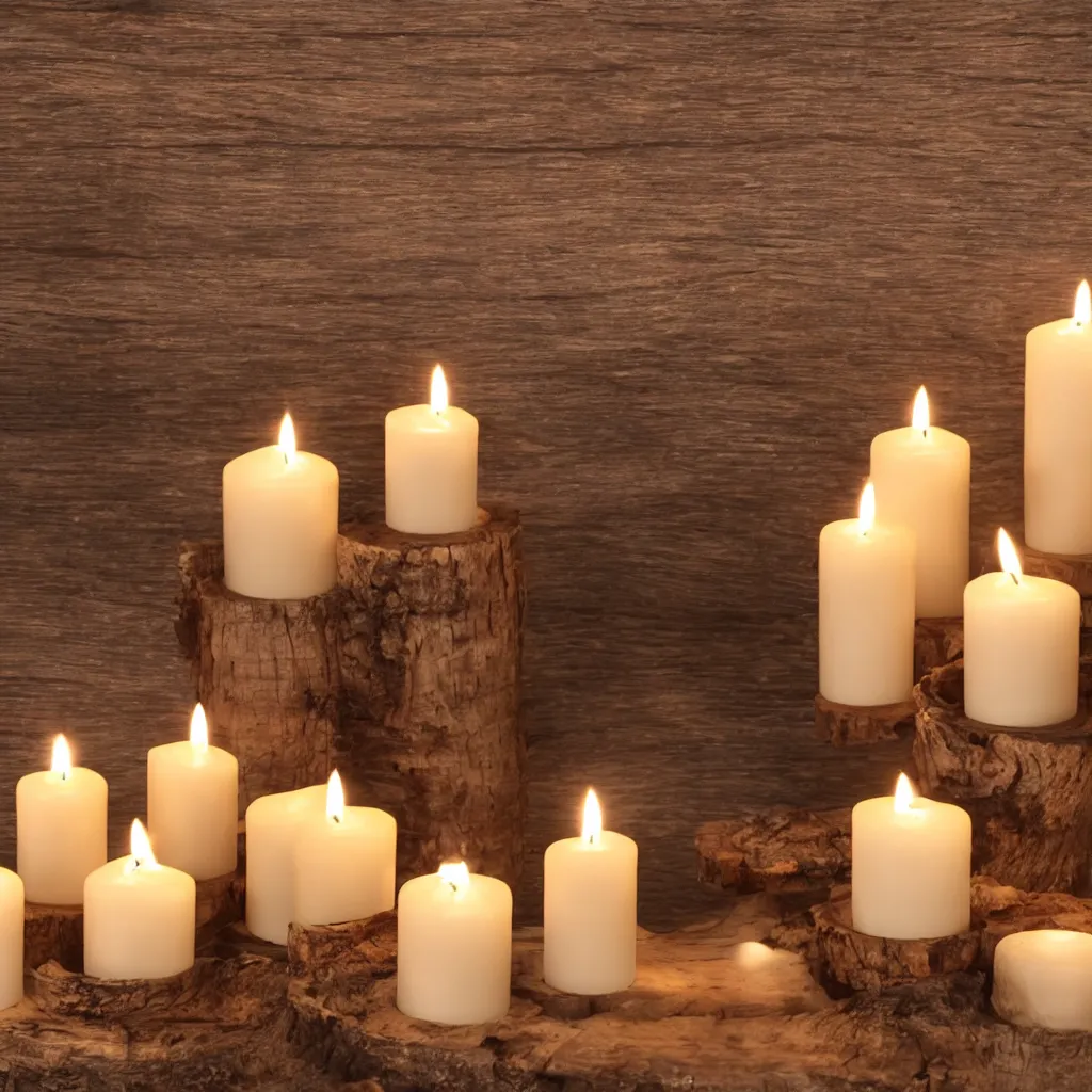 Image similar to close - up view of candles on top of a wooden table, 8 k, high detail, photorealistic, proper shading, gorgeous view