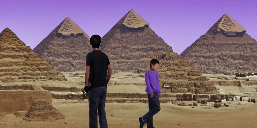 Image similar to landscape, steve jobs and a boy with purple hair in front of the pyramids, hyperrealism, intricate, 8 k, high detail