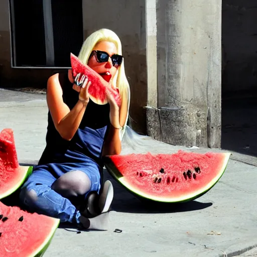 Image similar to lady gaga eating watermelon sitting on the street, lots of flies flying around