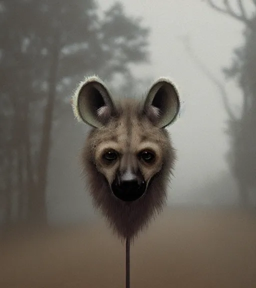 Image similar to foggy dirt road portrait of furry anthro anthropomorphic spotted hyena head animal person fursona wearing clothes horror gloomy digital art bokeh depth of field photo by Greg Rutkowski, Simon Stalenhag, christopher nolan trending on Artstation, CGSociety