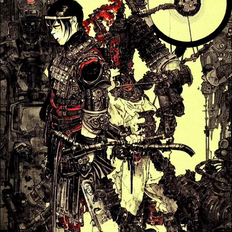 Image similar to cursed illustration of beautifully ominous cyberpunk warrior, manga style of kentaro mirua, by norman rockwell, weirdcore