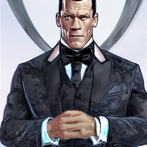 Prompt: john cena wearing a tuxedo, portrait, highly detailed, digital painting, artstation, concept art, sharp focus, illustration, art by artgerm and greg rutkowski and alphonse mucha