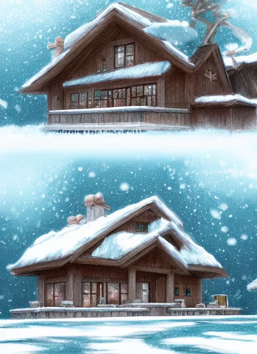 Prompt: a lake house in winter, trending on artstation, ghibli style, anime, concept art,