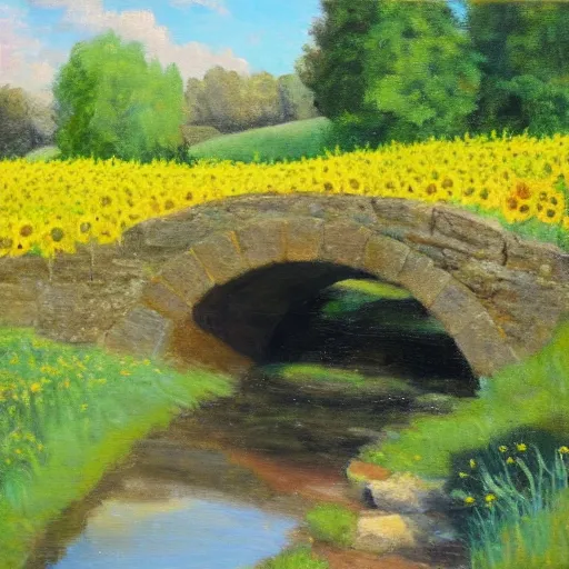 Prompt: Stone bridge over brook, pastoral scene. Summer, sunflowers. Oil on canvas, award winning