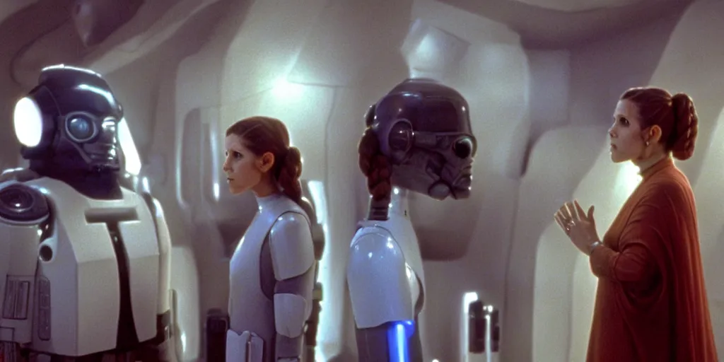 Image similar to a full color still of Carrie Fisher as Leia Organa talking to a humanoid sci-fi extraterrestrial alien, cinematic lighting, 1999, directed by Steven Spielberg, 35mm