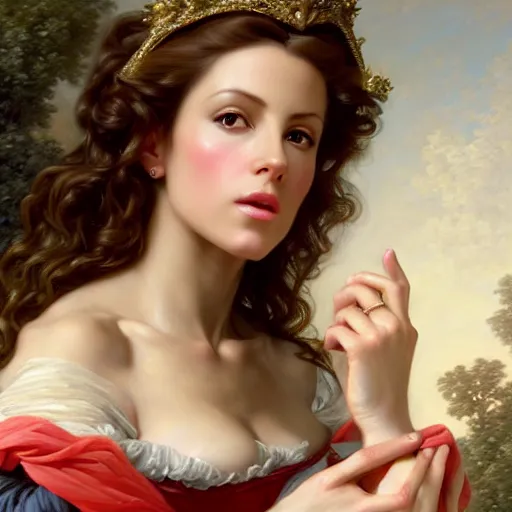 Image similar to A fantasy style portrait painting of Kate Beckinsale, in the style of François Boucher, Oil Painting, hyperrealistic, render, Regal, Refined, Detailed Digital Art, RPG portrait, Michael Cheval, William-Adolphe Bouguereau, dynamic lighting, Highly Detailed, Cinematic Lighting, Unreal Engine, 8k, HD, octane render