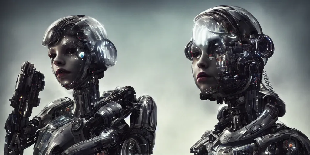 Prompt: beautiful girl cyborg-armored portrait in a surreal dream landscape, cinematic lighting, Marco Plouffe, 8k