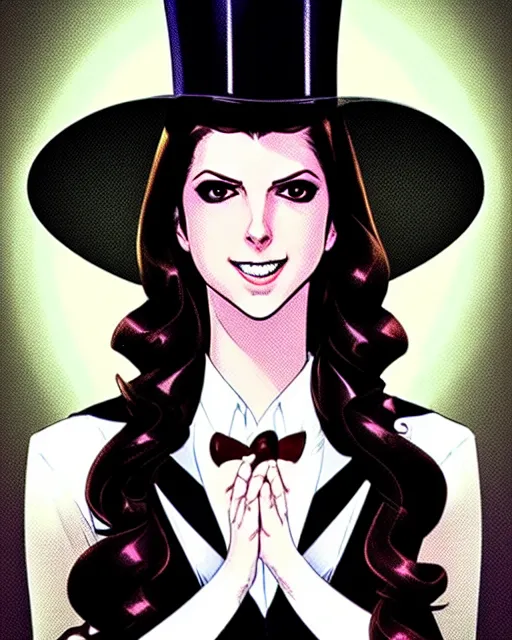 Prompt: beautiful Anna Kendrick Zatanna DC Comics floating on stage, wearing a top hat, symmetrical face symmetrical eyes, smiling, fantasy, intricate details, atmospheric, elegant, concept art, art by artgerm and eiichiro oda and koyoharu gotouge